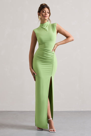 Lanetta Light Green Ruched High-Neck Maxi Dress With Split